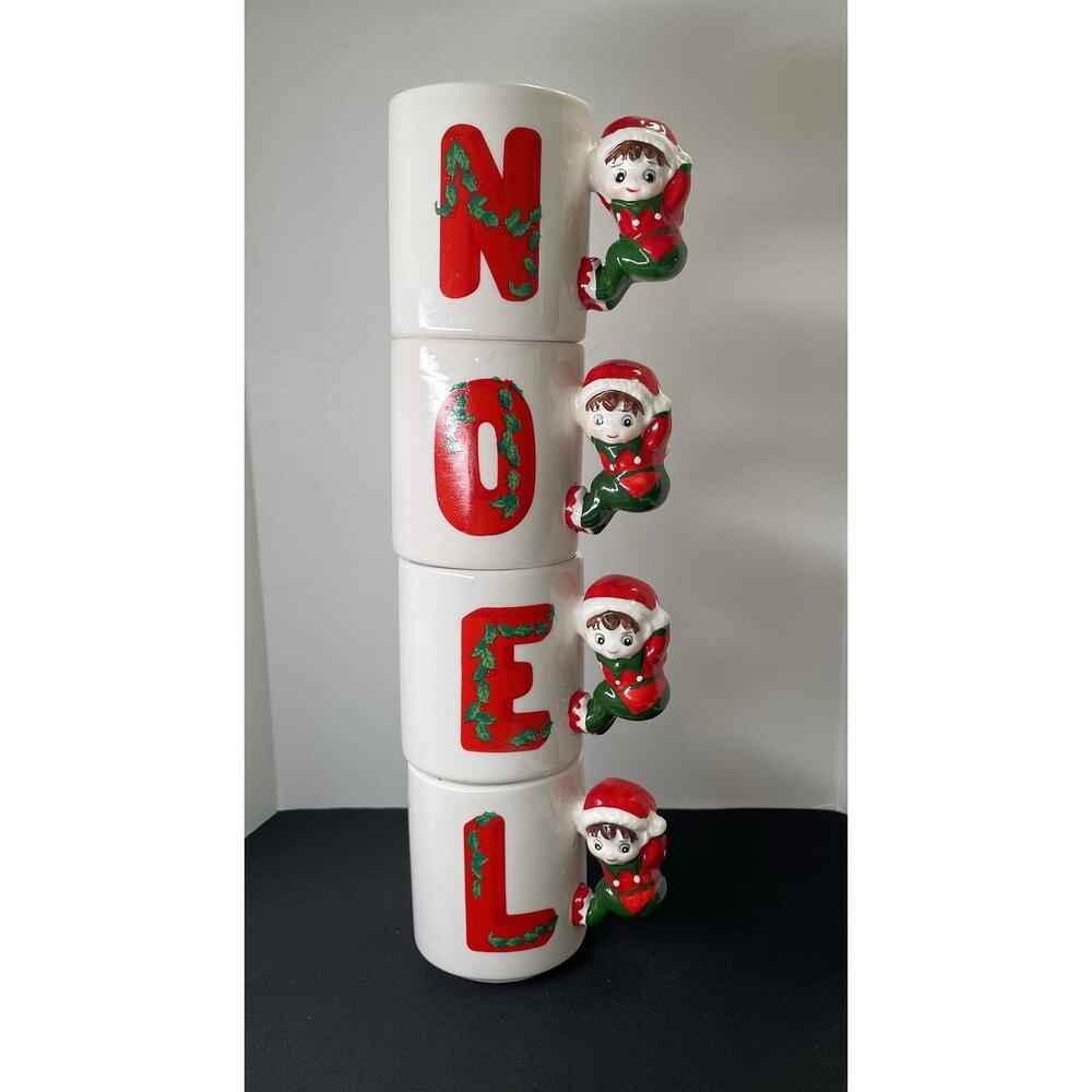 Vintage 1980 NOEL Pixie Elves Kitschmas Mugs Cups Set of 4 House Lloyd N-O-E-L